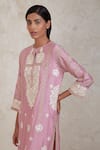 Sue Mue_Pink Chanderi Embroidery Split V-neck Umaiza Gara And Dori Work Kurta Set _at_Aza_Fashions