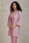 Sue Mue_Pink Handwoven Pure Chanderi Embroidered Cutwork Plunge Amal Kurta Pant Set _Online_at_Aza_Fashions