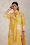 Sue Mue_Yellow Handwoven Pure Chanderi Embroidered Silk Thread V Daria Kurta Pant Set _Online_at_Aza_Fashions