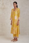 Sue Mue_Yellow Handwoven Pure Chanderi Embroidered Silk Thread V Daria Kurta Pant Set _at_Aza_Fashions