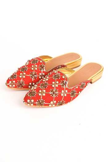 Shop_Sole House_Red Embellished Pointed Toe Mules _at_Aza_Fashions