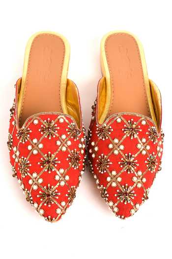 Sole House_Red Embellished Pointed Toe Mules _Online_at_Aza_Fashions