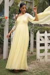 House of Tushaom_Yellow Georgette Embroidery Cutdana Asymmetric One Shoulder Draped Gown _Online_at_Aza_Fashions