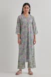 Buy_Priya Chaudhary_Green Cotton Printed Floral V Neck Long Kurta With Pant _Online_at_Aza_Fashions