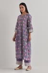 Buy_Priya Chaudhary_Purple Cotton Embroidery Split V-neck Floral Print Kurta Pant Set _Online_at_Aza_Fashions