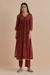 Shop_Ikshita Choudhary_Red Chanderi Printed Polka Dot V Neck Foil Cross Yoke Anarkali Pant Set_Online_at_Aza_Fashions