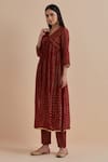 Ikshita Choudhary_Red Chanderi Printed Polka Dot V Neck Foil Cross Yoke Anarkali Pant Set_at_Aza_Fashions
