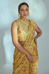 Suruchi Parakh_Yellow Crepe Printed Floral Pattern High Neck Pre-pleated Saree With Blouse _Online_at_Aza_Fashions