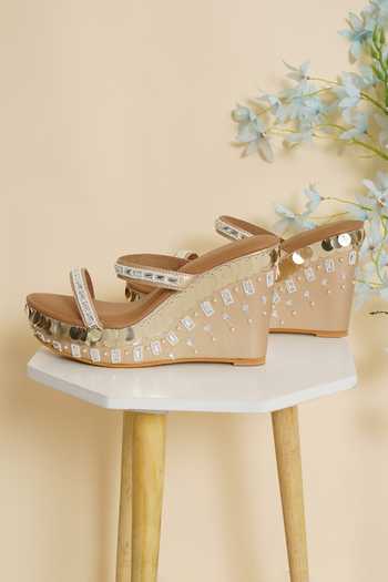 Buy_Sole House_Gold Rhinestones, Beads, Sequins Embellished Wedges _at_Aza_Fashions