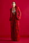 Bhumika Sharma_Red Georgette Embroidery, Tassels V-neck, Blossom Print Jacket And Flared Pant Set _Online_at_Aza_Fashions
