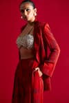 Buy_Bhumika Sharma_Red Georgette Embroidery, Tassels V-neck, Blossom Print Jacket And Flared Pant Set _Online_at_Aza_Fashions