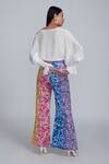 Shop_World Of RA_Multi Color Cupro Satin Lining Muslin Printed Pearl Motifs Flared Trouser_at_Aza_Fashions