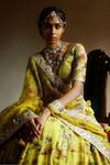 Buy_Archana Jaju_Yellow Organza , Pure Kalamkari Hand Embroidered Bridal Lehenga Set_at_Aza_Fashions