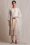 Shop_Sue Mue_Off White Cotton Kurta Round Neck Handloom Embroidered Set _Online_at_Aza_Fashions