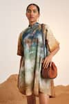 Cord_Blue Cotton Satin Printed Underwater Mandarin Collar A-line Dress _Online_at_Aza_Fashions