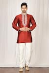 Buy_Aryavir Malhotra_Maroon Dupion Silk Embroidered Short Kurta _at_Aza_Fashions