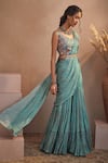 Buy_Aneesh Agarwaal_Blue Chinon Chiffon And Embroidery Floral V Sharara Saree With Blouse _at_Aza_Fashions