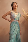 Aneesh Agarwaal_Blue Chinon Chiffon And Embroidery Floral V Sharara Saree With Blouse _Online_at_Aza_Fashions