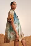 Cord_Blue Cotton Satin Printed Underwater Mandarin Collar A-line Dress _at_Aza_Fashions