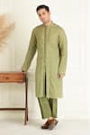 Shop_Priyanka Jain_Green Kurta Cotton Woven Leaf Pattern And Crochet Lace Work Jacquard Set _Online_at_Aza_Fashions