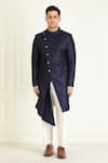 Priyanka Jain_Blue Raw Silk Plain Draped Sherwani And Pant Set _Online_at_Aza_Fashions