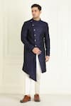 Shop_Priyanka Jain_Blue Raw Silk Plain Draped Sherwani And Pant Set _Online_at_Aza_Fashions