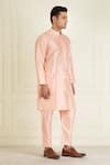 Buy_Priyanka Jain_Peach Pure Silk Plain Mandarin Collar Kurta Set _Online_at_Aza_Fashions