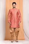 Aryavir Malhotra_Peach Dupion Silk Woven Leaf Floral Sherwani Set _Online_at_Aza_Fashions