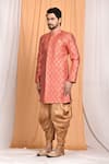 Buy_Aryavir Malhotra_Peach Dupion Silk Woven Leaf Floral Sherwani Set _Online_at_Aza_Fashions