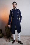 Shop_Soniya G_Blue Silk Embroidery Sherwani Set For Kids_at_Aza_Fashions