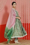 Buy_Myaara_Green Cotton, Organza Embroidery, Mirrors V-neck Floral Print Anarkali Set _Online_at_Aza_Fashions