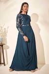suruchi parakh_Blue Georgette Crepe Lining Shantoon Embellishment Sequin Boat Draped Gown_Online_at_Aza_Fashions