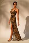 Buy_Nikita Mhaisalkar_Green Sequin Pure Georgette Print Aztec V Neck Drape Gown _Online_at_Aza_Fashions