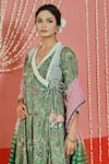 Shop_Myaara_Green Cotton, Organza Embroidery, Mirrors V-neck Floral Print Anarkali Set _Online_at_Aza_Fashions