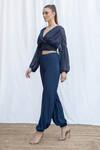 Amrta By Guneet Kondal_Blue Viscose V-neck Riviera Pleated Top And Pant Set _Online_at_Aza_Fashions