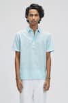 Terra Luna_Blue Organic Handloom Cotton Plain Aruba Collared T-shirt _Online_at_Aza_Fashions