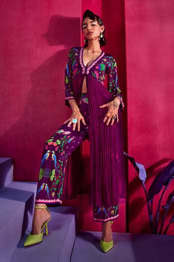 Buy_Limerick By Abirr N' Nanki_Purple Crepe And Georgette Floral Print & Bugle Zena Front Slit Tunic & Pant Set _at_Aza_Fashions
