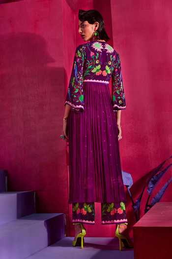 Shop_Limerick By Abirr N' Nanki_Purple Crepe And Georgette Floral Print & Bugle Zena Front Slit Tunic & Pant Set _at_Aza_Fashions