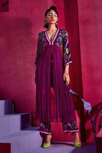Limerick By Abirr N' Nanki_Purple Crepe And Georgette Floral Print & Bugle Zena Front Slit Tunic & Pant Set _Online_at_Aza_Fashions