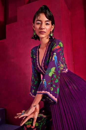 Buy_Limerick By Abirr N' Nanki_Purple Crepe And Georgette Floral Print & Bugle Zena Front Slit Tunic & Pant Set _Online_at_Aza_Fashions
