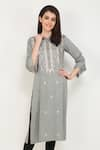 Buy_Khwaab by Sanjana Lakhani_Grey Rayon Slub Mandarin Collar Embroidered Straight Kurta _at_Aza_Fashions