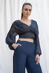 Buy_Amrta By Guneet Kondal_Blue Viscose V-neck Riviera Pleated Top And Pant Set _Online_at_Aza_Fashions