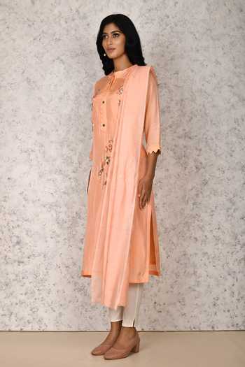 Peach Floral Peach Cotton Silk Chudidar with Kurti Printed Organza Dupatta for Girls