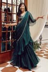 Buy_Label Sanya Gulati_Green Organza Embroidery Square Neck Pre-draped Ruffle Saree With Blouse _at_Aza_Fashions