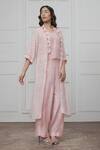 Myoho_Pink Cotton, Silk Tassels Open Neck, Jagged Striped Pattern Jacket And Pant Set_Online_at_Aza_Fashions
