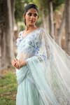 Shop_House of Tushaom_Blue Net Embroidery Sequin Leaf Neck Tiered Lehenga Saree With Blouse _Online_at_Aza_Fashions