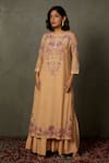 RI.Ritu Kumar_Peach Kurta Silk Printed Floral Notched Dahlia Gharara Set _Online_at_Aza_Fashions