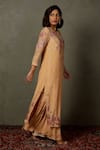 Shop_RI.Ritu Kumar_Peach Kurta Silk Printed Floral Notched Dahlia Gharara Set _Online_at_Aza_Fashions