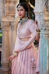 Shop_Kritika Dawar_Pink Silk, Georgette, Mukaish Embroidered Bridal Lehenga Set _at_Aza_Fashions