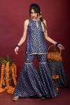 Buy_Monk & Mei By Sonia Anand_Blue Brocade, Organza Lace, Embroidery Round Floral Pattern Kurta Sharara Set _Online_at_Aza_Fashions